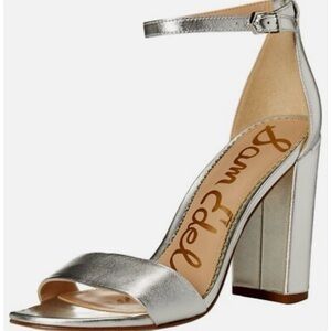 Sam Edelman Yaro Size 8 Metallic Silver Leather Block Heel High Heels Sandals